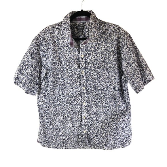 Van Heusen Mens Button Down Shirt Floral Cotton Blend Blue White XL 17-17.5 - Picture 1 of 4